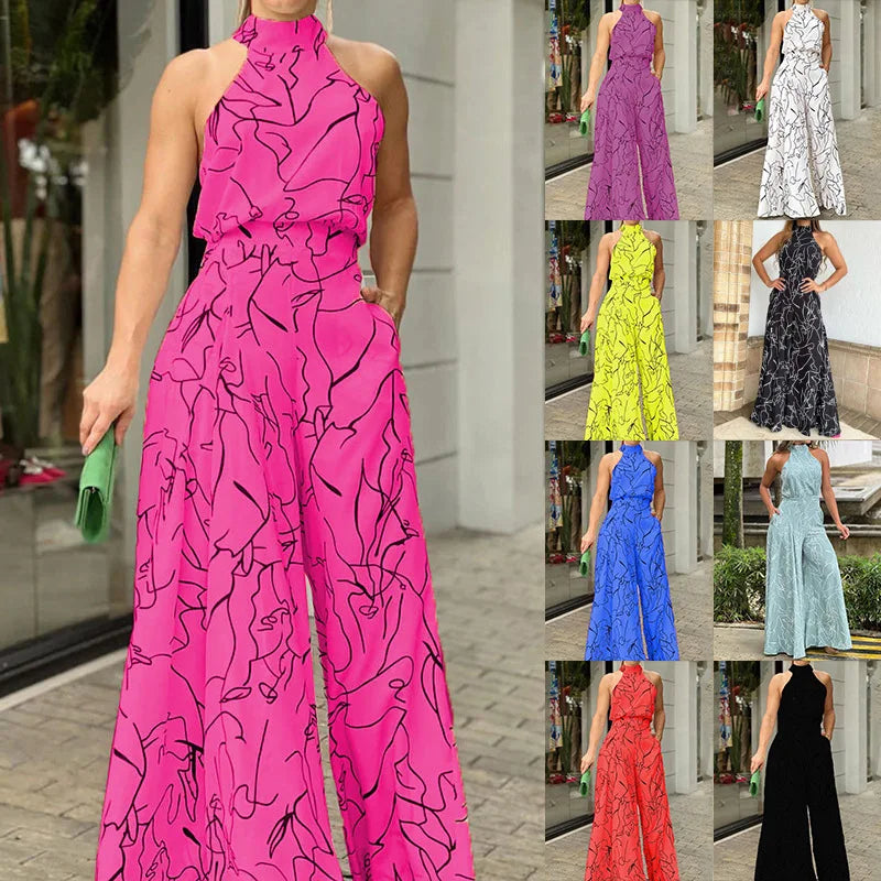 Elegant Printed Halter Neck Leace-Up Jumpsuit Women Sleeveless Fashion High Waist Wide Leg Jumpsuits Casual Streetwear New