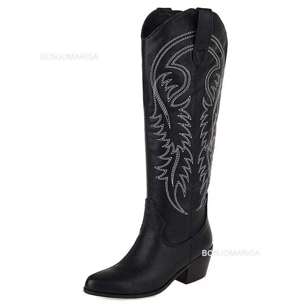 Plus Size 45 Women's Embroidered Western Knee-High Boots Cowboy Cowgirl Boots