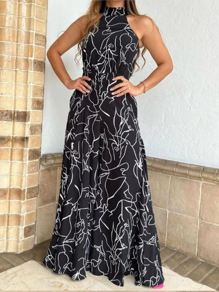 Elegant Printed Halter Neck Leace-Up Jumpsuit Women Sleeveless Fashion High Waist Wide Leg Jumpsuits Casual Streetwear New