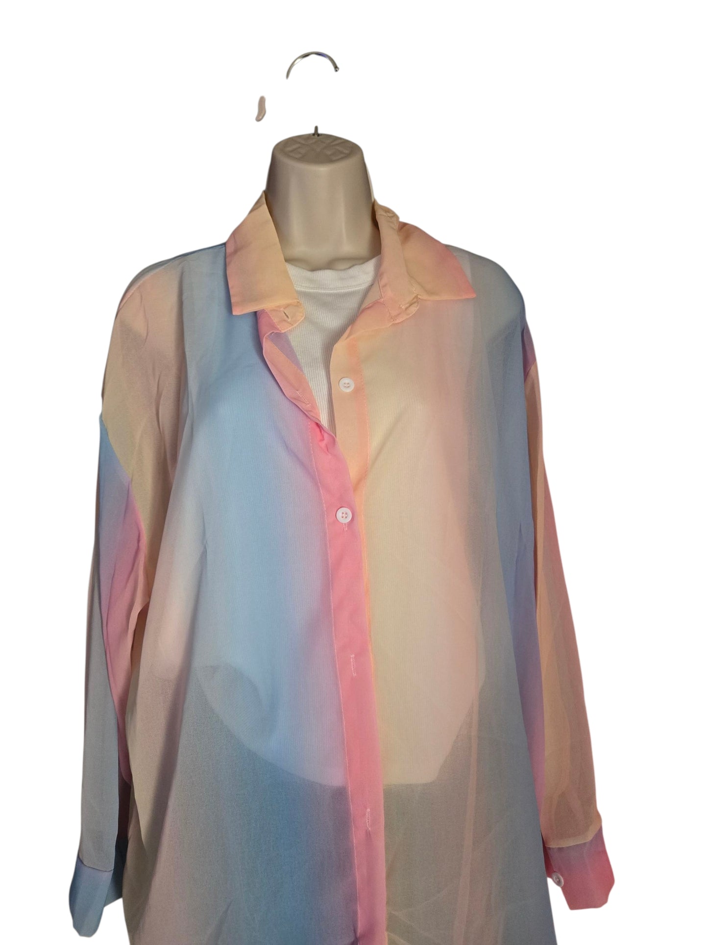 Title: Pastel Dream Oversized Sheer Button-Down Blouse