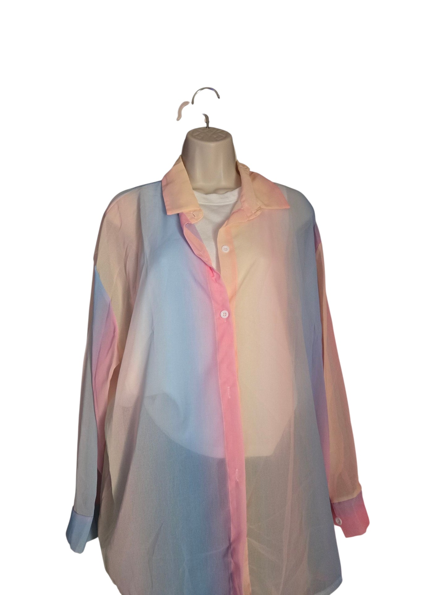 Title: Pastel Dream Oversized Sheer Button-Down Blouse
