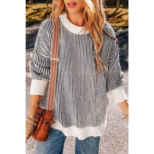 Chestnut Striped Contrast Trim Loose Sweater