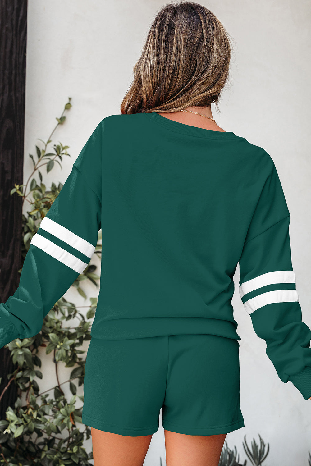 Navy Blue Varsity Striped Sleeve Drop Shoulder Sweatshirt and Short Set