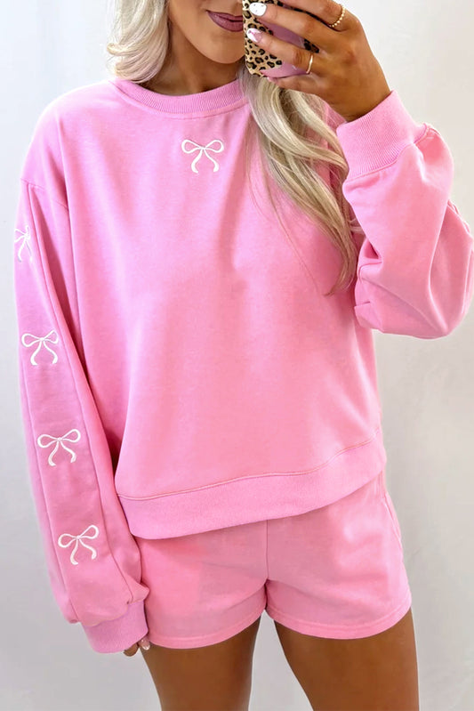 Sachet Pink Bow Embroidery Long Sleeve Pullover and High Waist Shorts Set