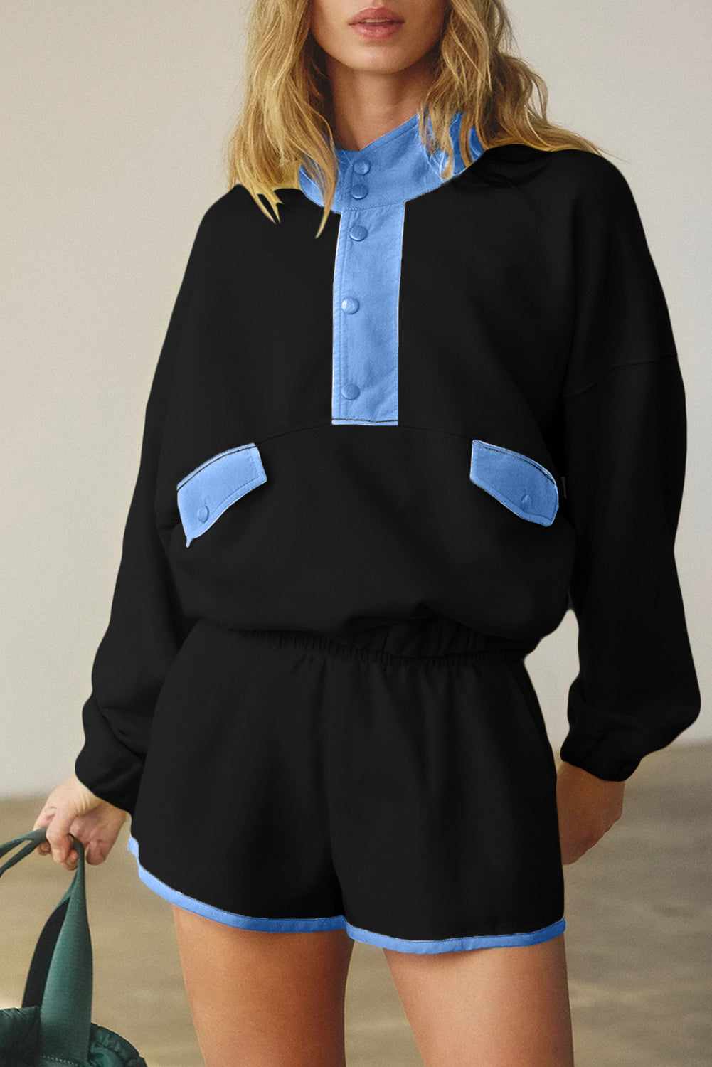 Yellow Colorblock Patchwork Half Button Pullover and Shorts Outfit