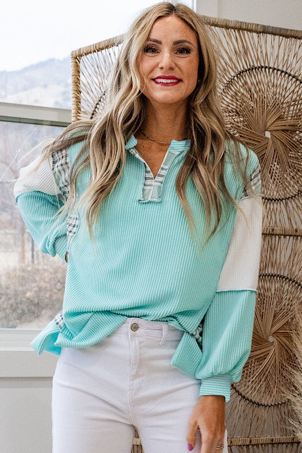 Rose Red Corded Texture Plaid Patchwork Split Neck Long Sleeve Top