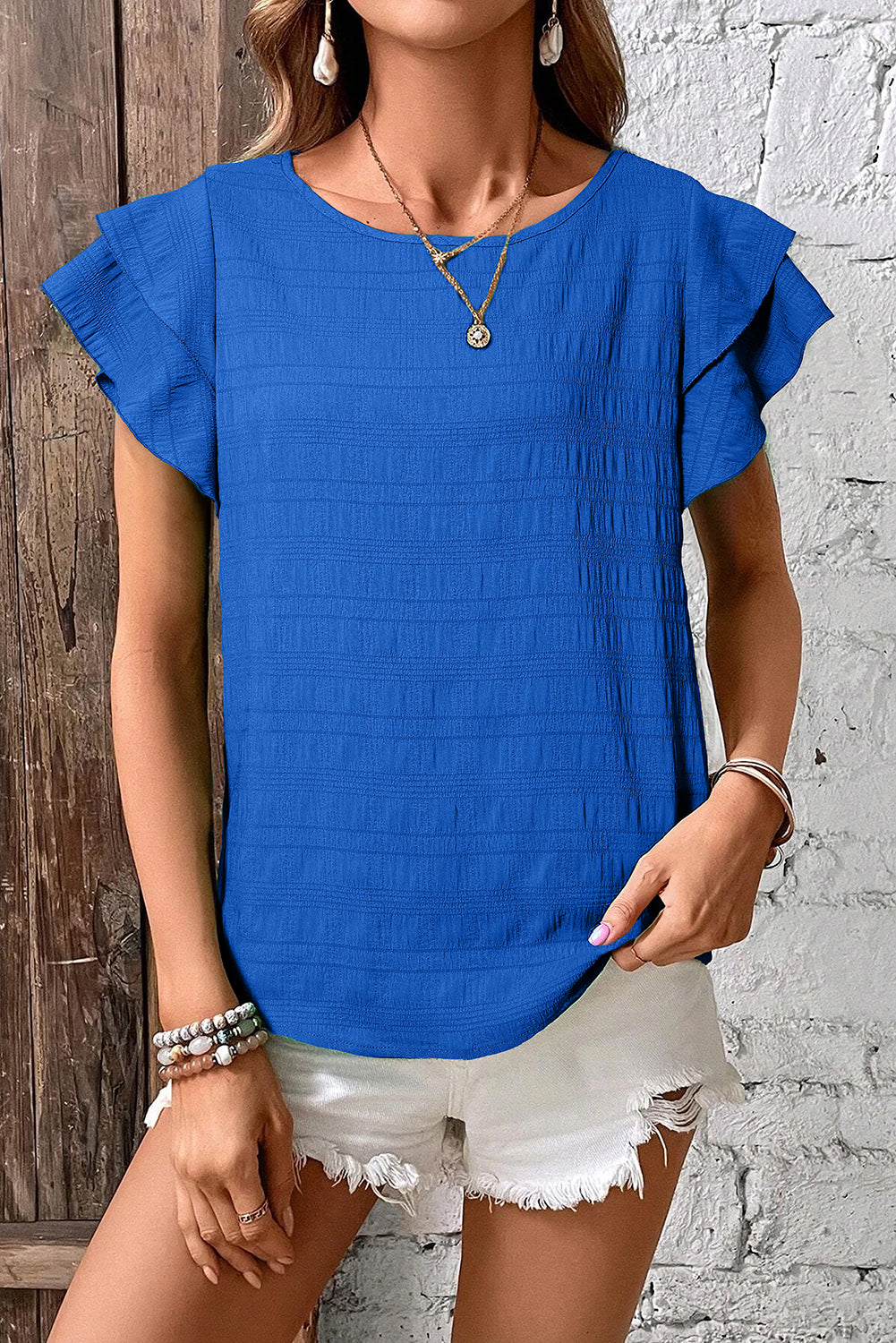 Dark Blue Textured Ruffled Sleeve Round Neck Top