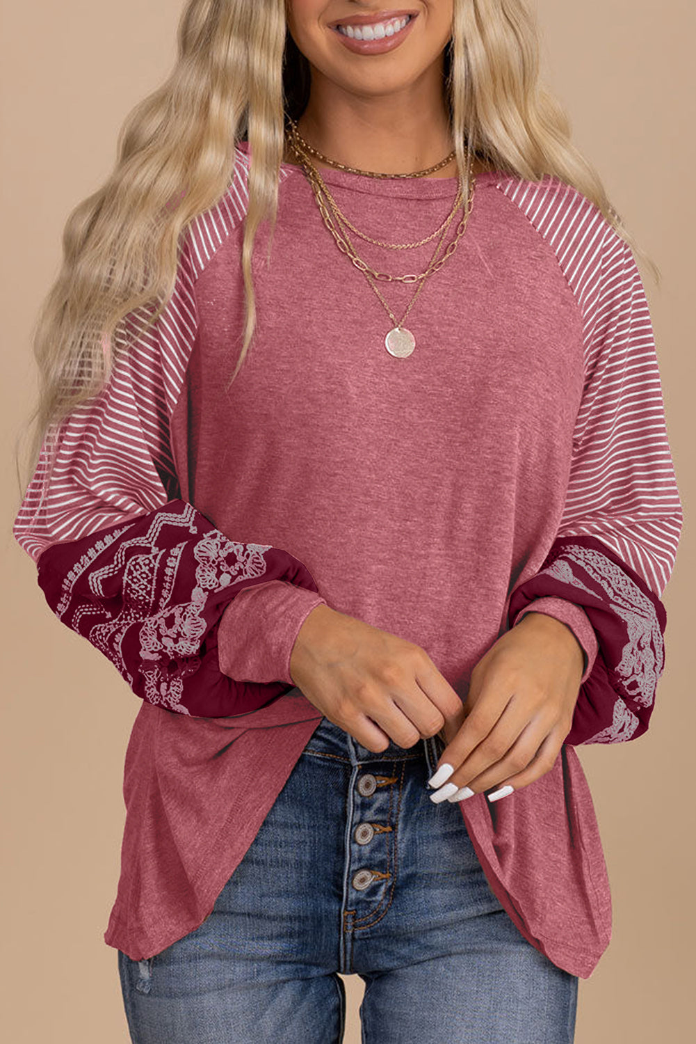 Tillandsia Purple Contrast Print Striped Raglan Long Sleeve Loose Top