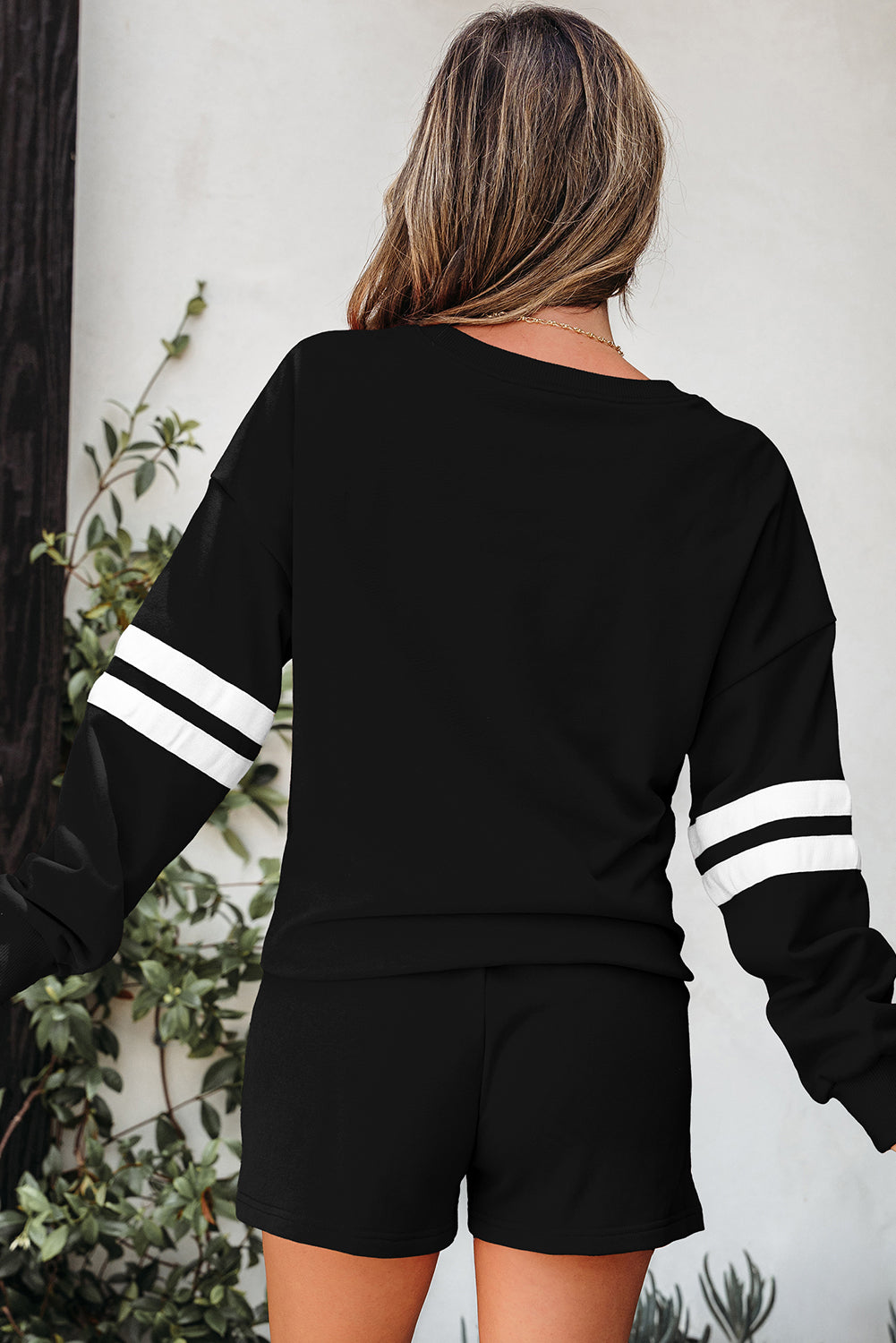 Navy Blue Varsity Striped Sleeve Drop Shoulder Sweatshirt and Short Set