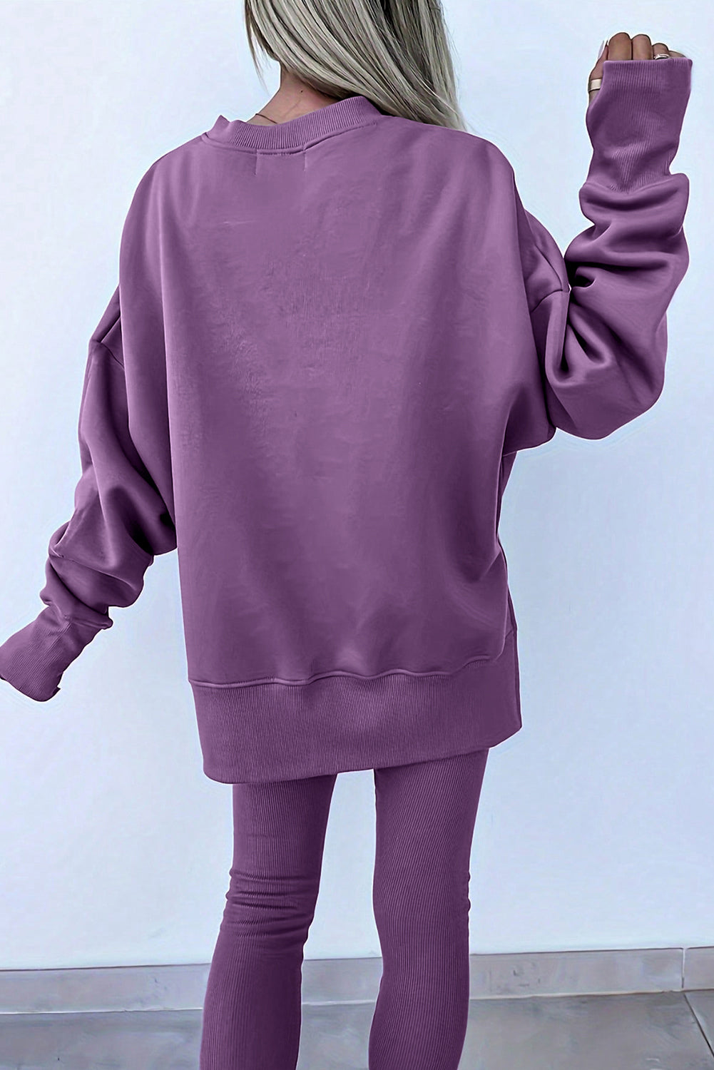 Orchid Mist Solid Color Oversized Slit Sweatshirt Ribbed Leggings Set