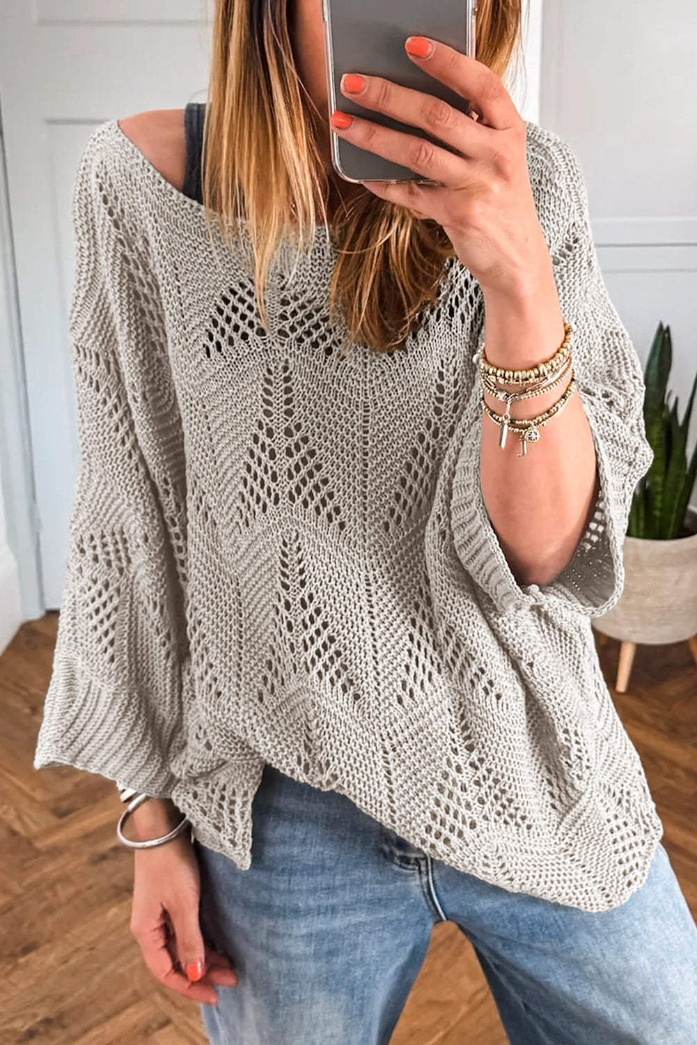 Navy Blue Hollow Out Knit 3/4 Sleeve Loose Sweater