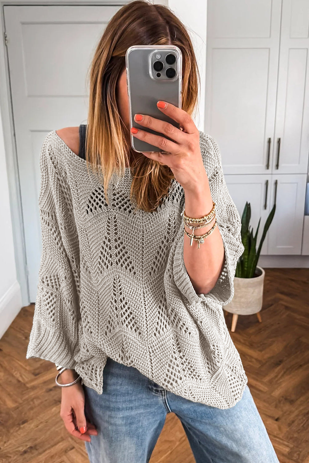 Navy Blue Hollow Out Knit 3/4 Sleeve Loose Sweater