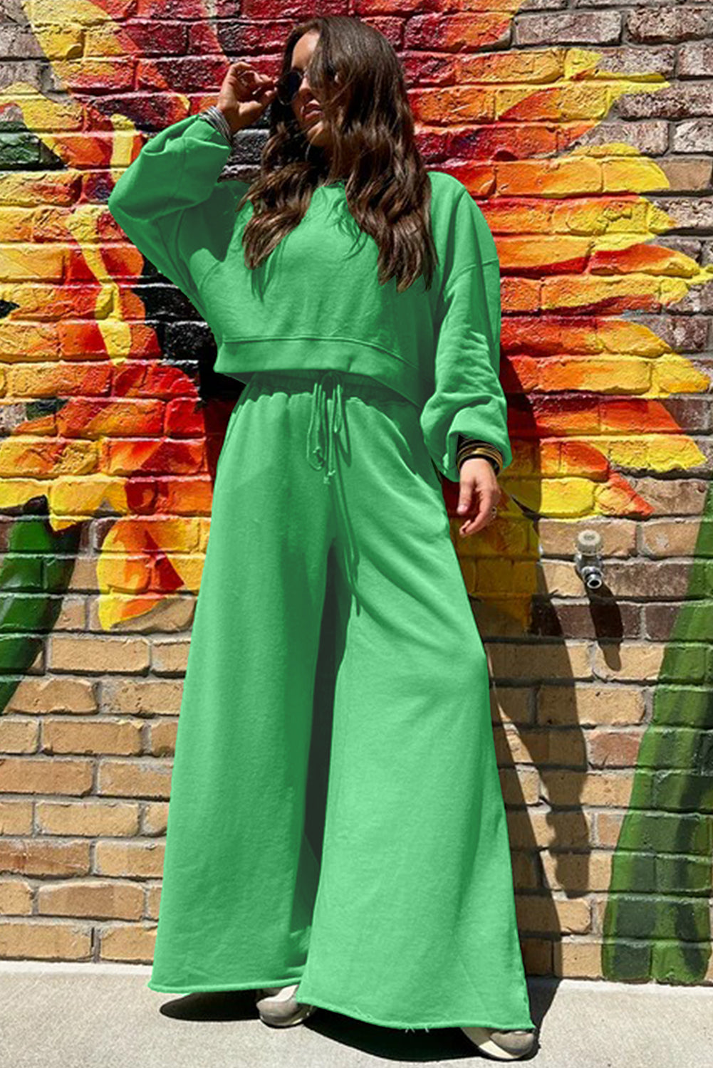 Yellow Cream Drop Shoulder Crop Pullover Drawstring Wide Leg Pants Set
