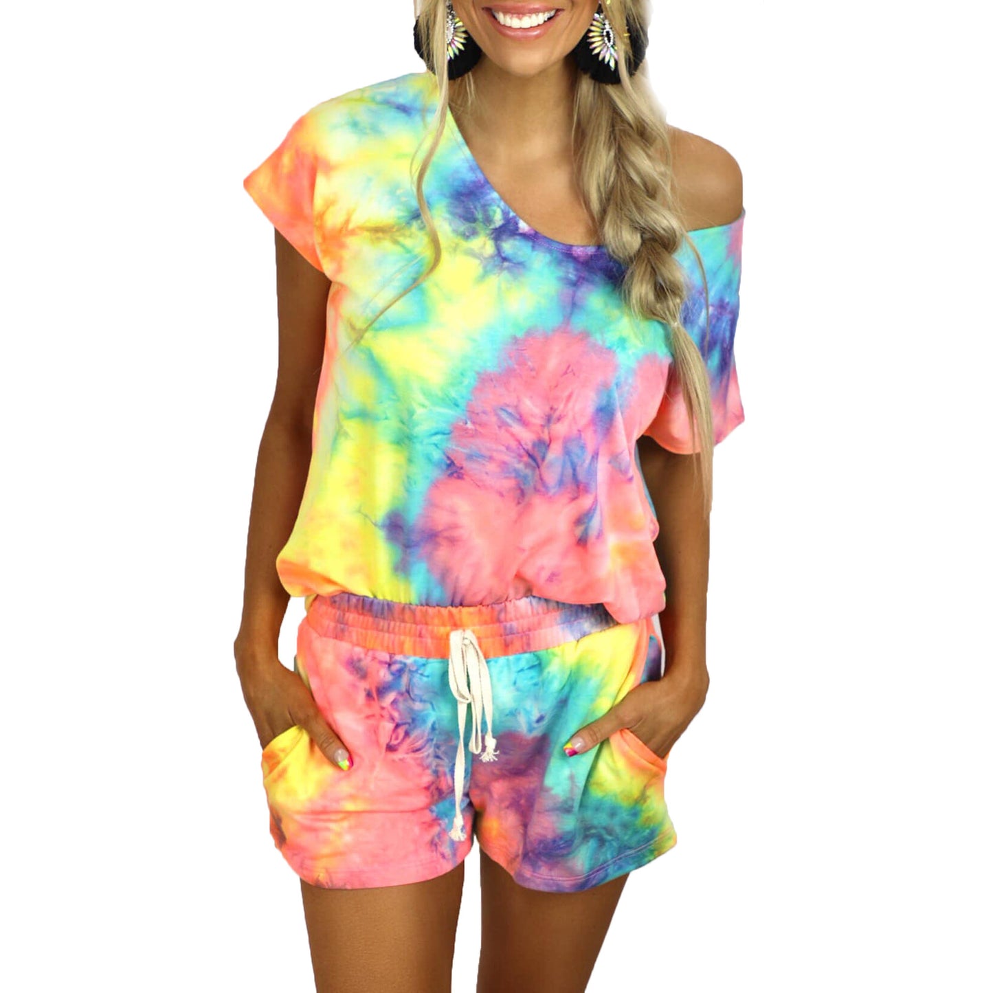 Tie-Dye Printed Short-Sleeved Round Neck Casual Homewear Suit