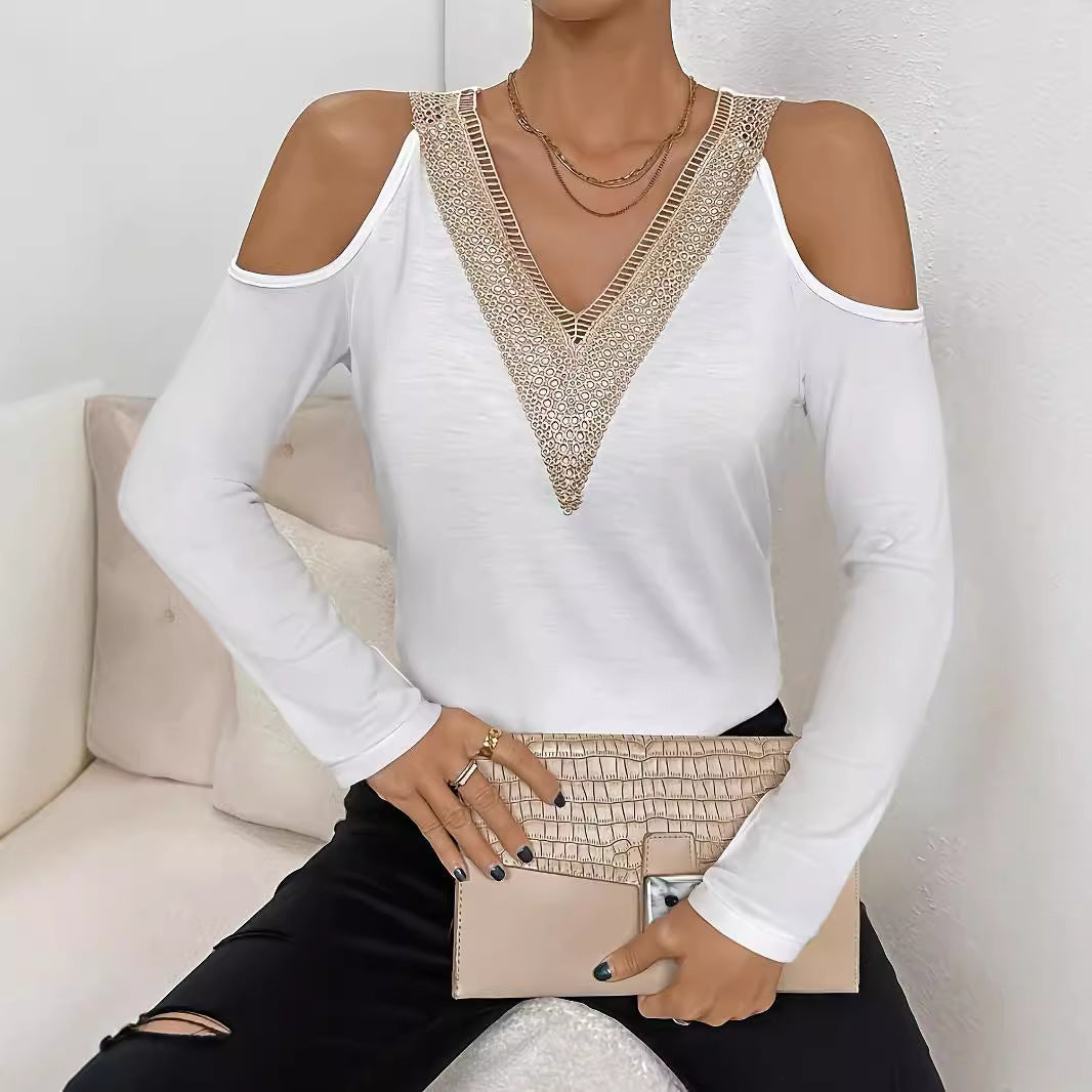 Fashion Hollowed-out Solid Color T-shirt Top Women