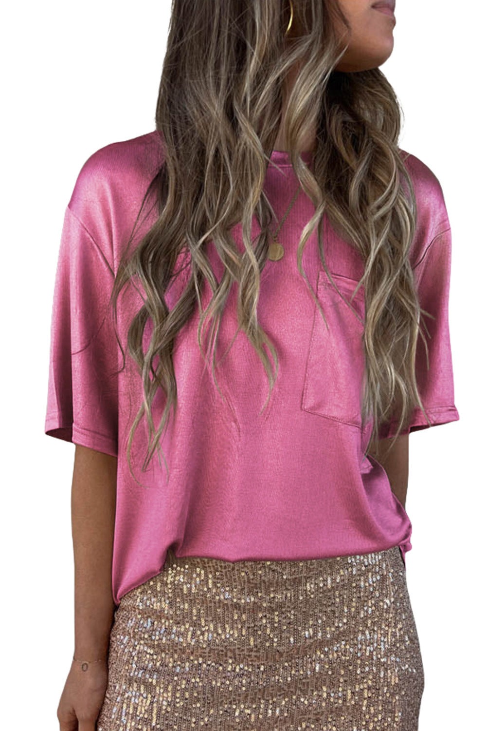 Solid Color Chest Pocket Loose Design Short Sleeve