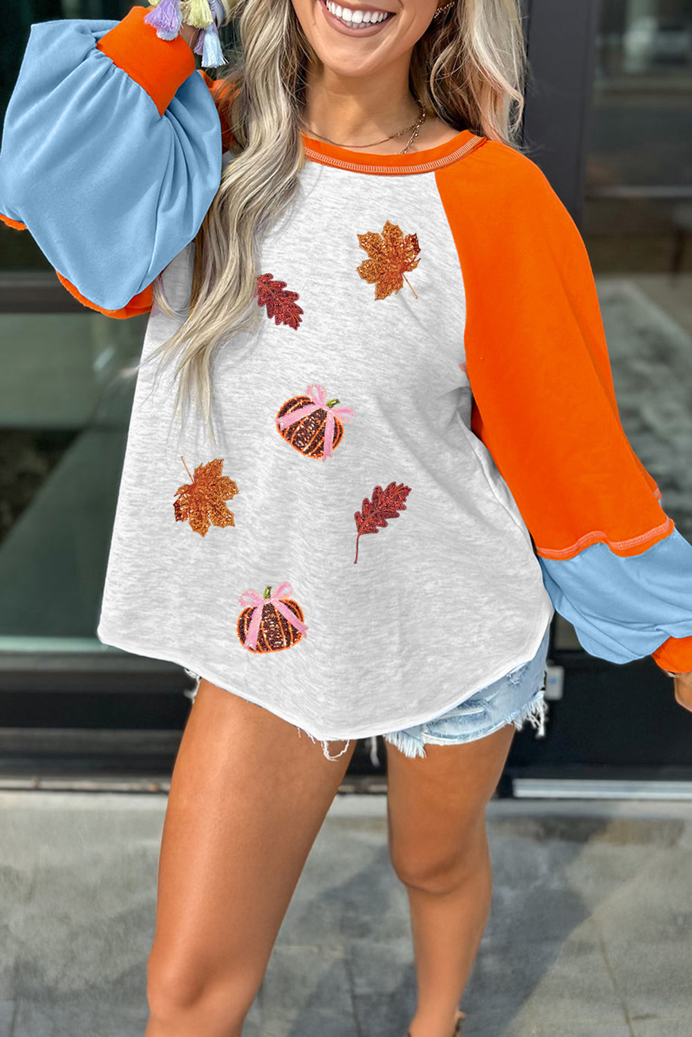 Light Grey Sequin Pumpkin Fall Elements Patched Patchwork Long Sleeve Top