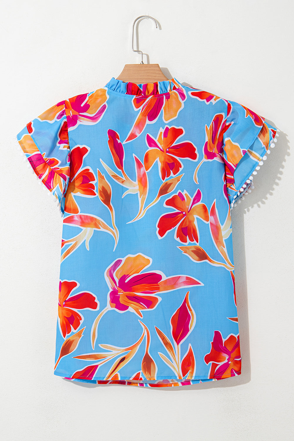Sky Blue Floral Print V Neck Pompom Trim Flutter Sleeve Blouse