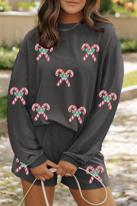 Carbon Grey Twisted Ribbed Candy Cane Sequins Patch Long Sleeve Top and Shorts Set