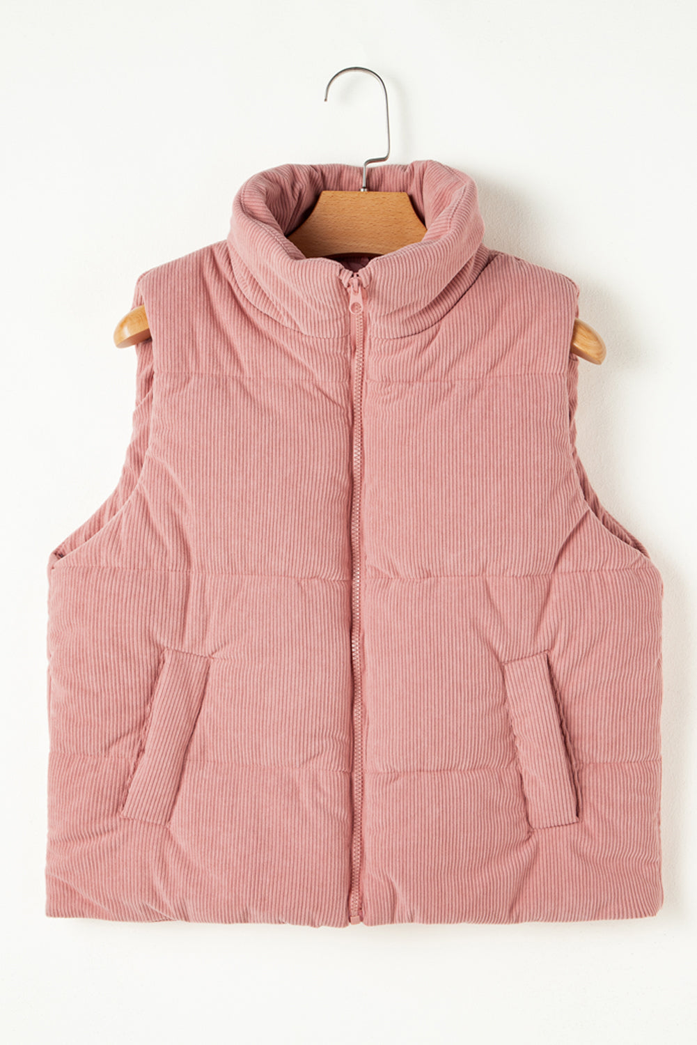 Apricot Pink Corduroy Stand Neck Zipped Puffer Vest