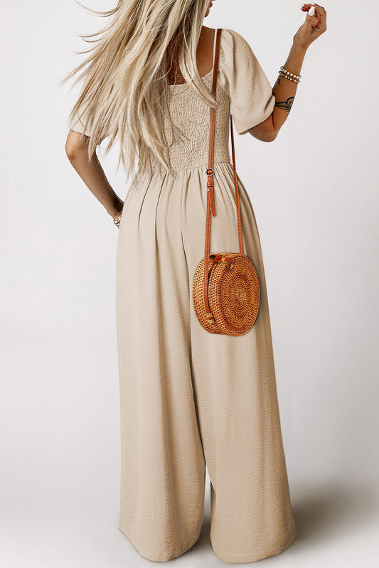 Apricot Short Bubble Sleeve Smocked Wide Leg Jumpsuit
