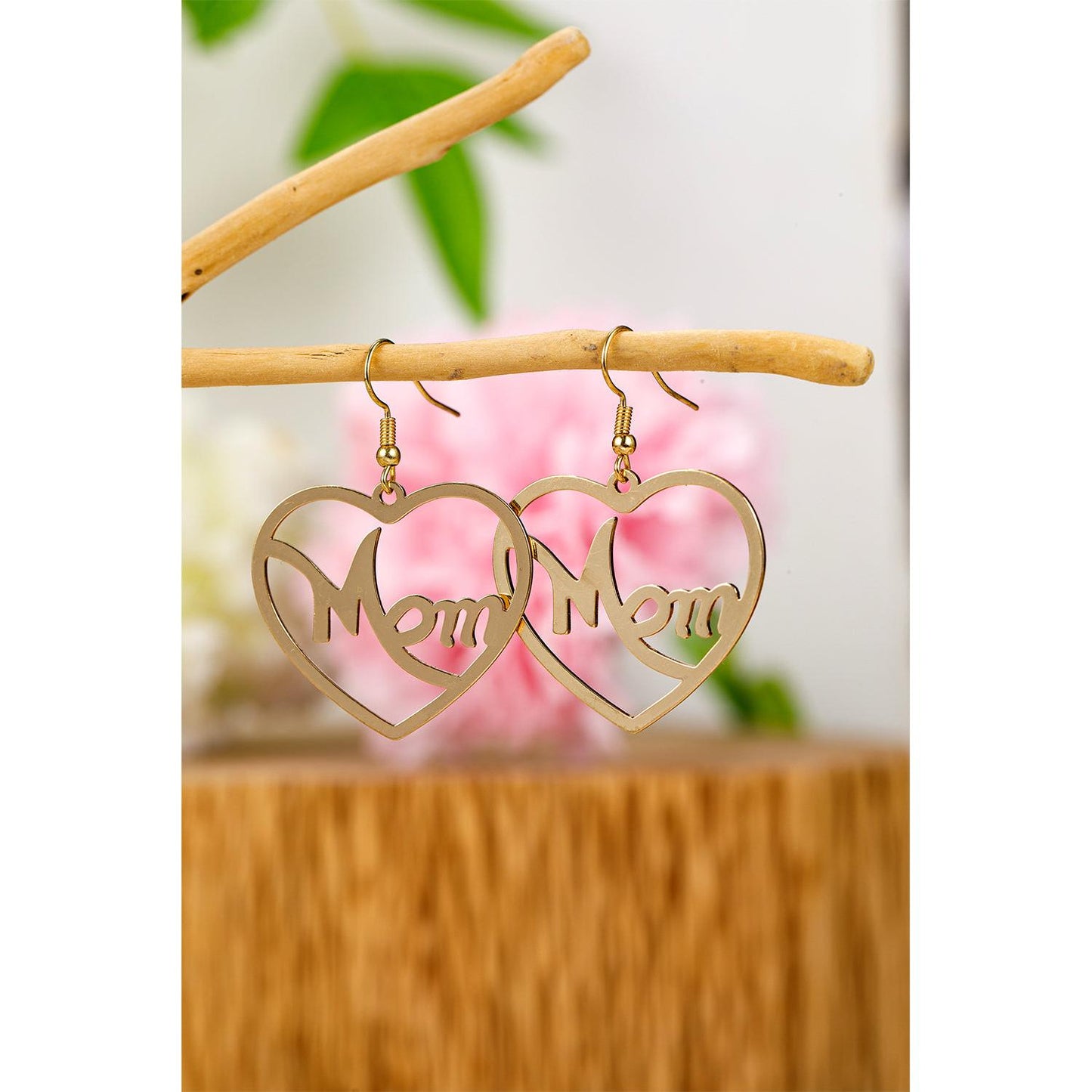 Gold Mom Heart Shape Dangle Earrings