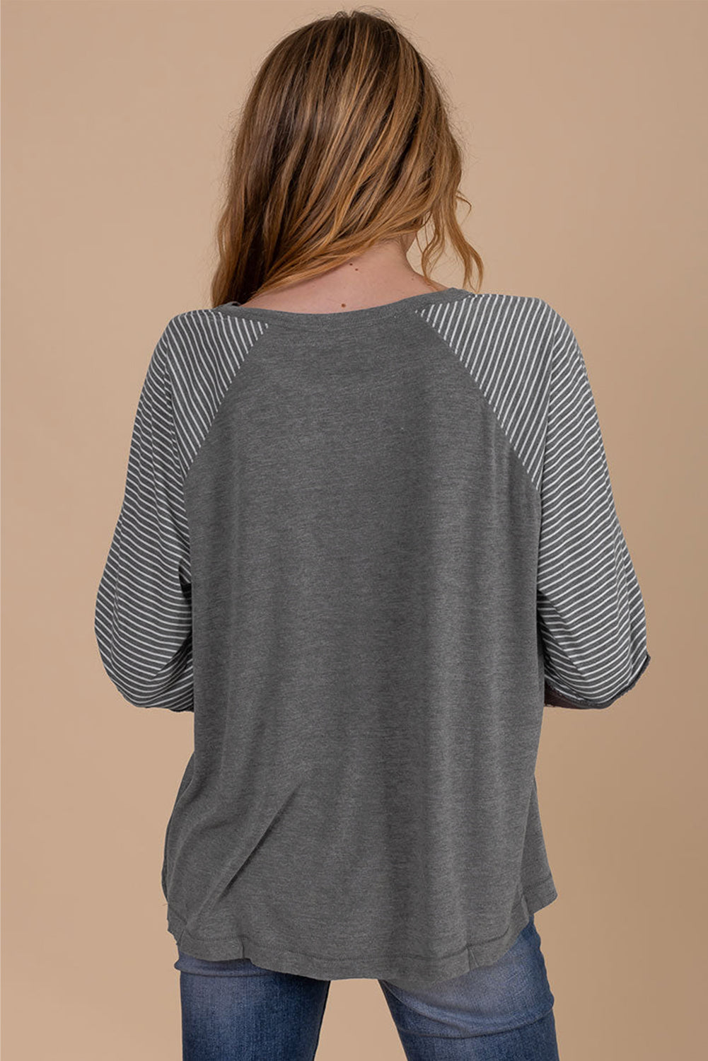 Tillandsia Purple Contrast Print Striped Raglan Long Sleeve Loose Top