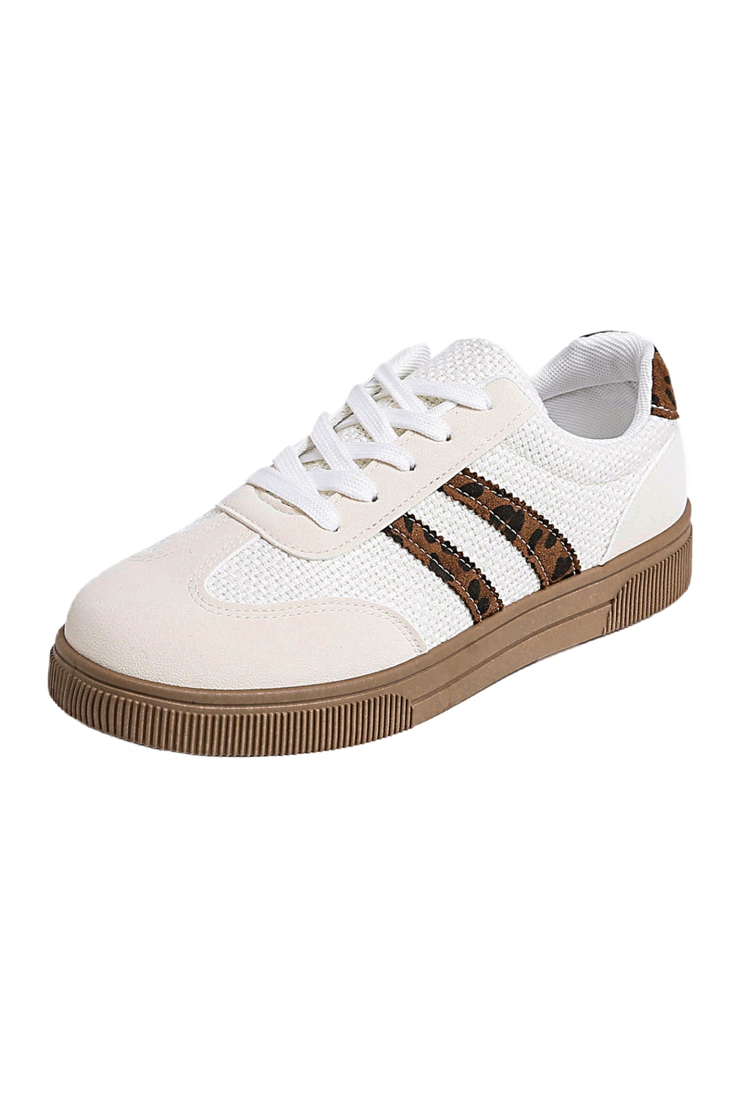White Textured Woven PU Leather Leopard Patchwork Flat Sneakers