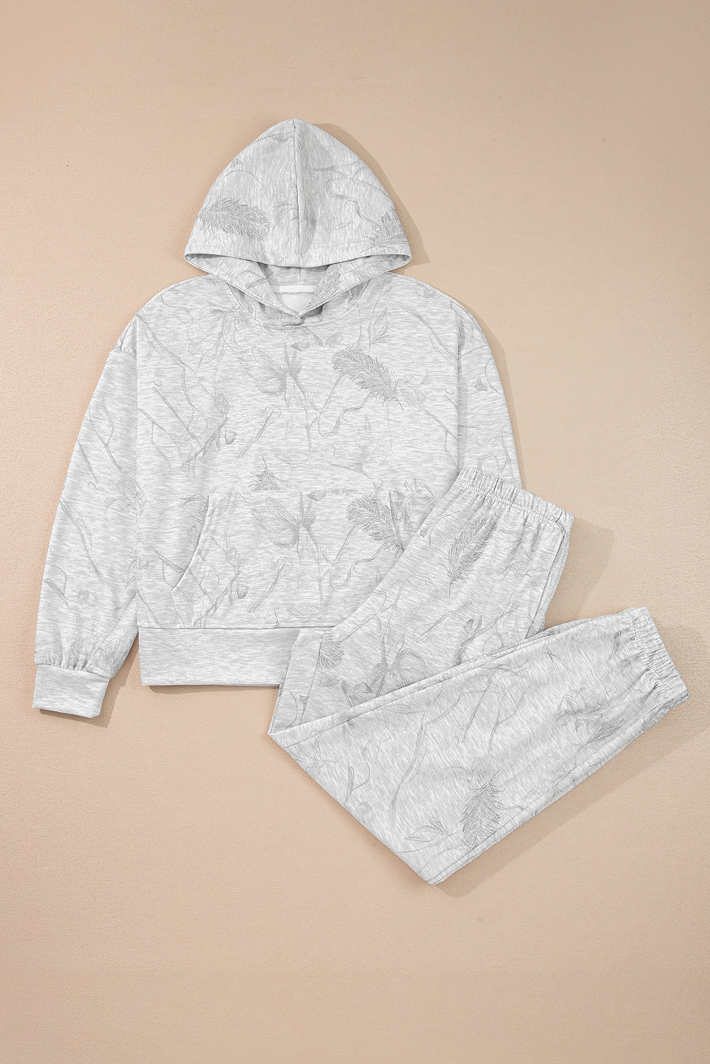 Light Grey Feather Camouflage Print Loose Drop Sleeve Hoodie and Pants Set