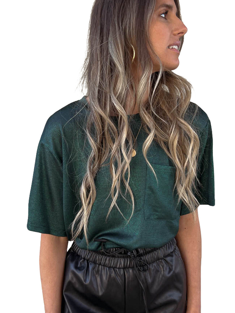 Solid Color Chest Pocket Loose Design Short Sleeve