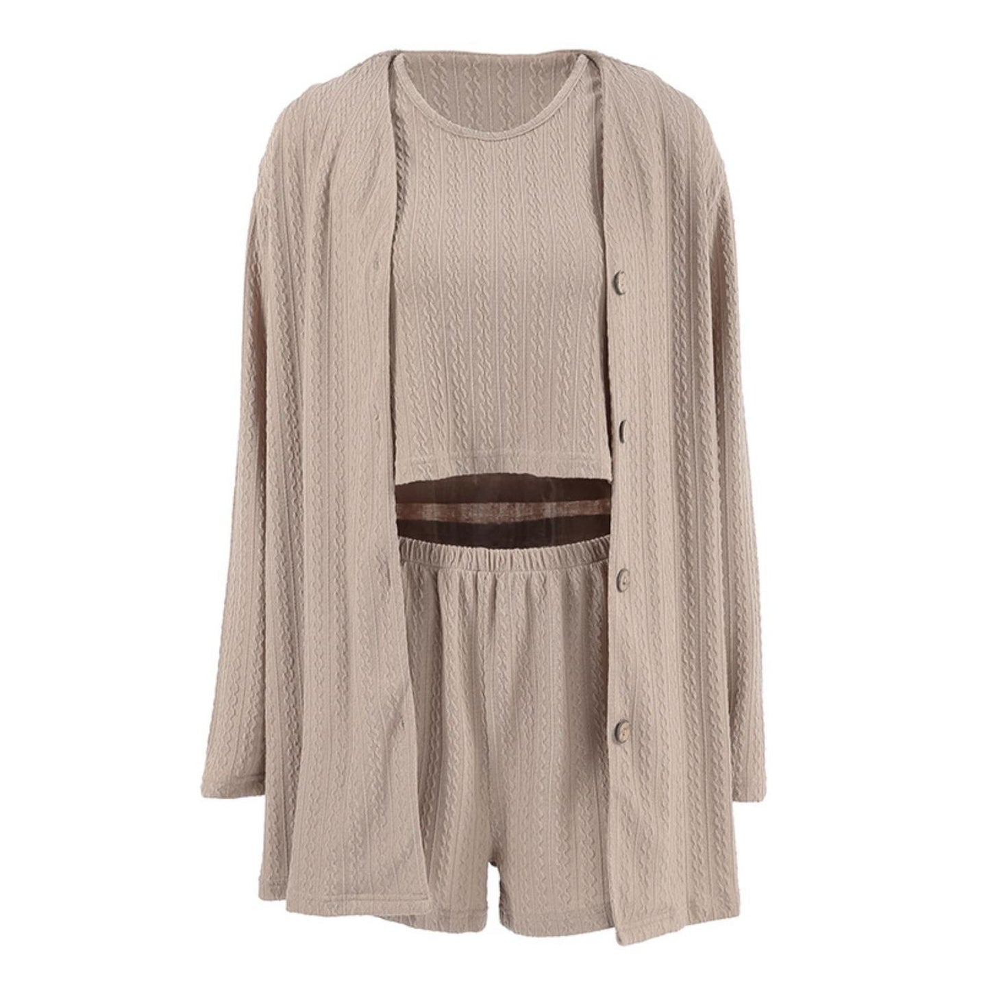 Texture Round Neck Tank, Cardigan and Shorts Set