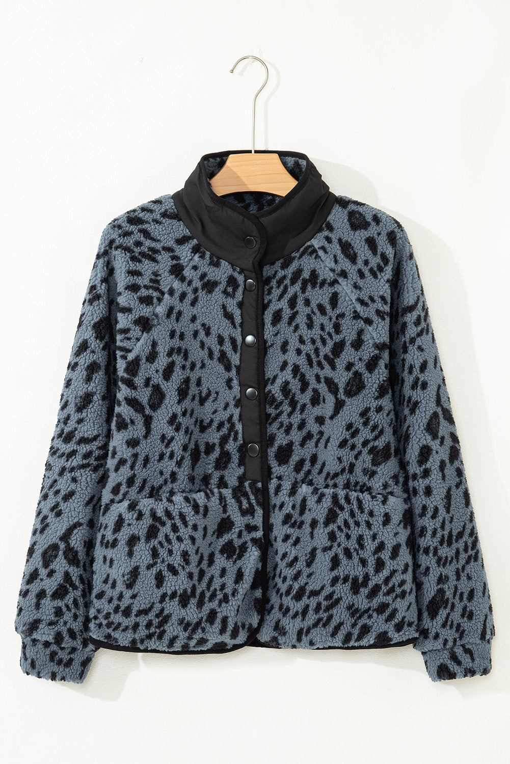 Blue Cow Print Buttoned Stand Collar Fleece Jacket