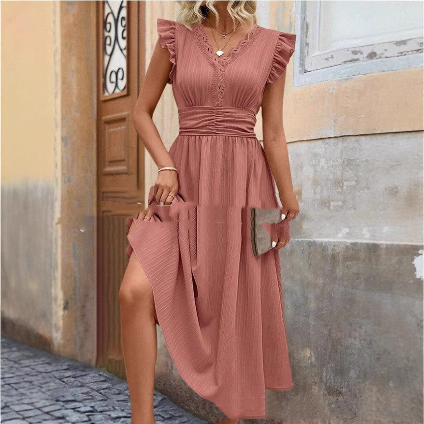 Elegant Solid Color And V-neck Stitching Lace Dress