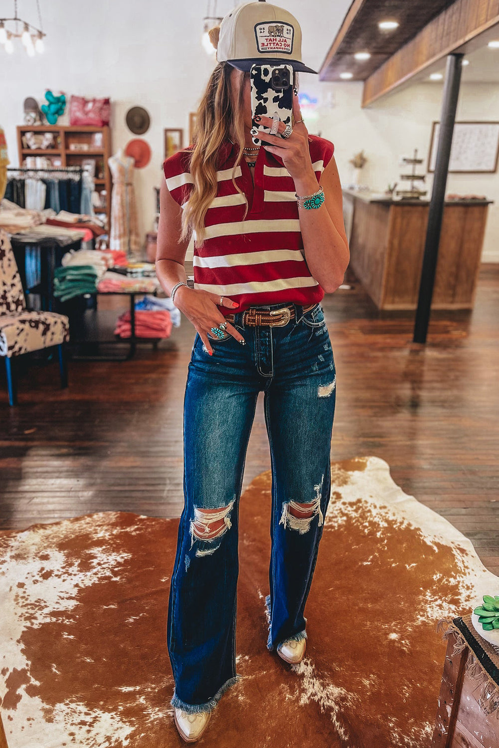 Red Stripe Collared Split Neck Sweater Vest