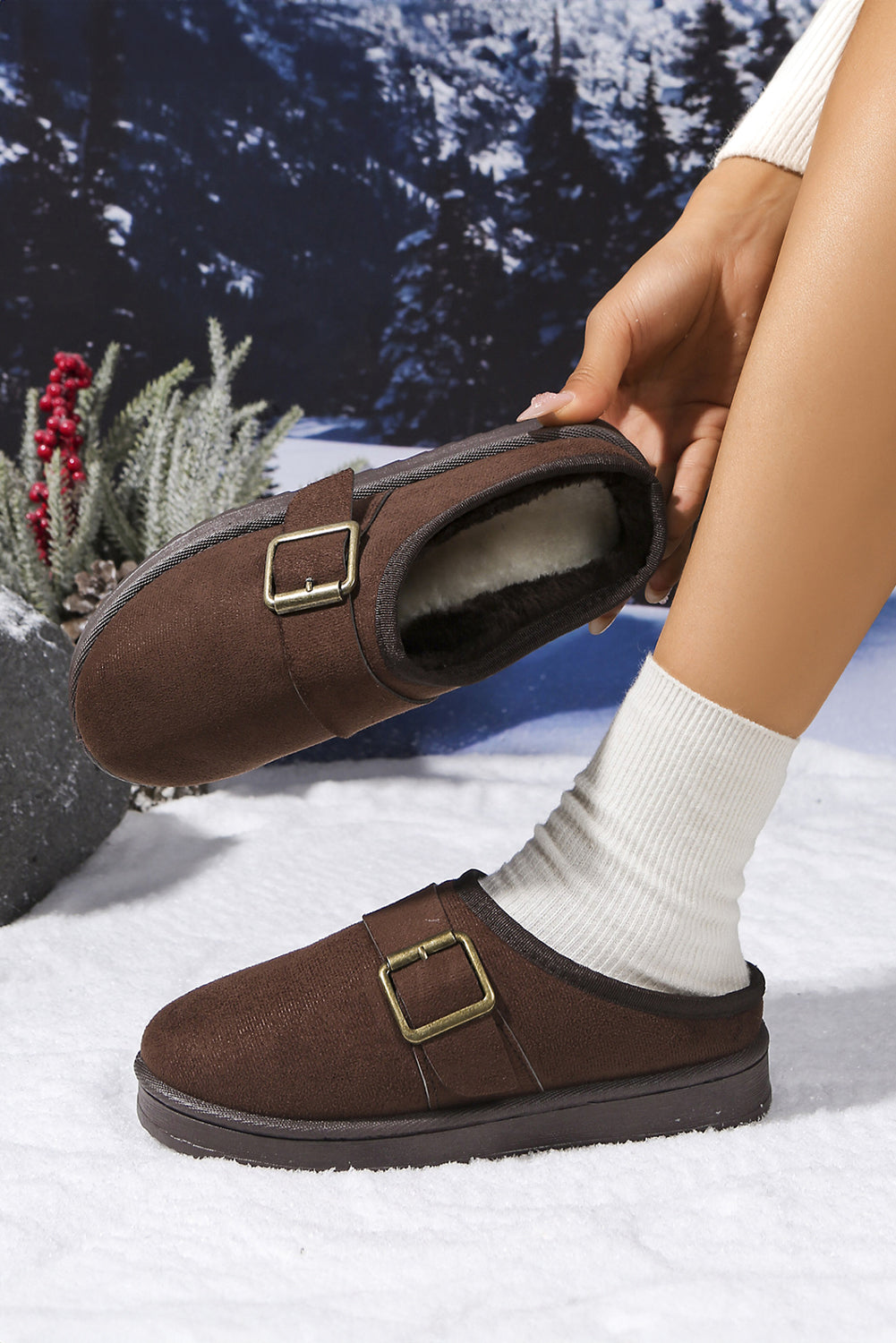 Black Faux Suede Buckle Strap Detail Winter Clog Slippers