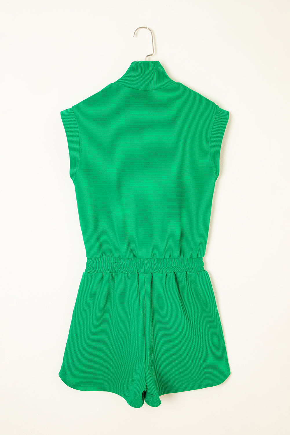 Bright Green Textured Short Sleeve Half Zip Drawstring Waist Romper