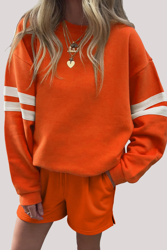 Orange Varsity Striped Sleeve Drop Shoulder Sweatshirt and Shorts Set