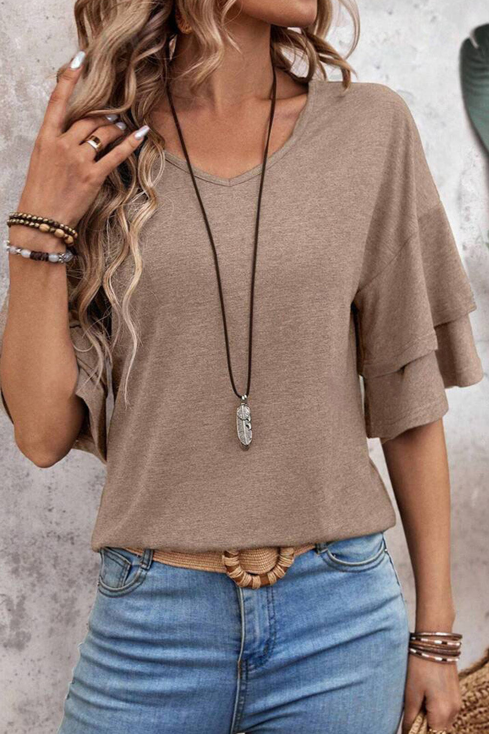 DUNE Solid Colour V-Neck Double Layer Sleeve Loose T-Shirt