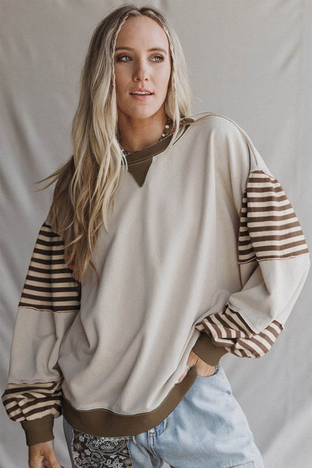 Delicacy Colorblock Patchwork Striped Sleeve Sweatshirt