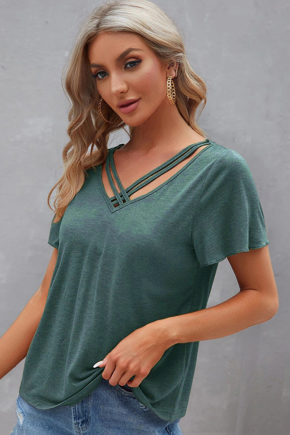 Mist Green Crisscross V Neck Butterfly Sleeve T Shirt