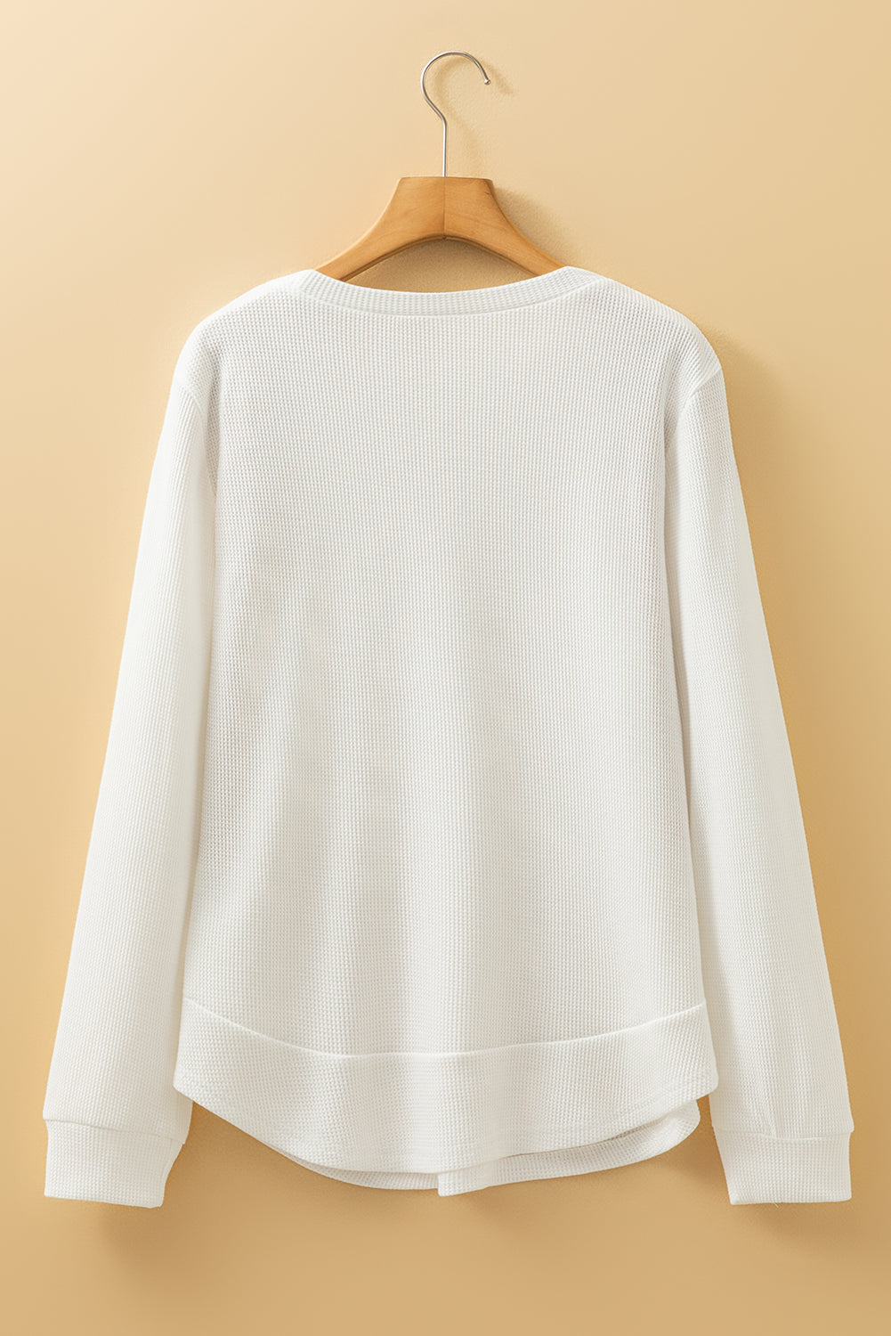 White Rounded Hem Waffle Plain Long Sleeve Top
