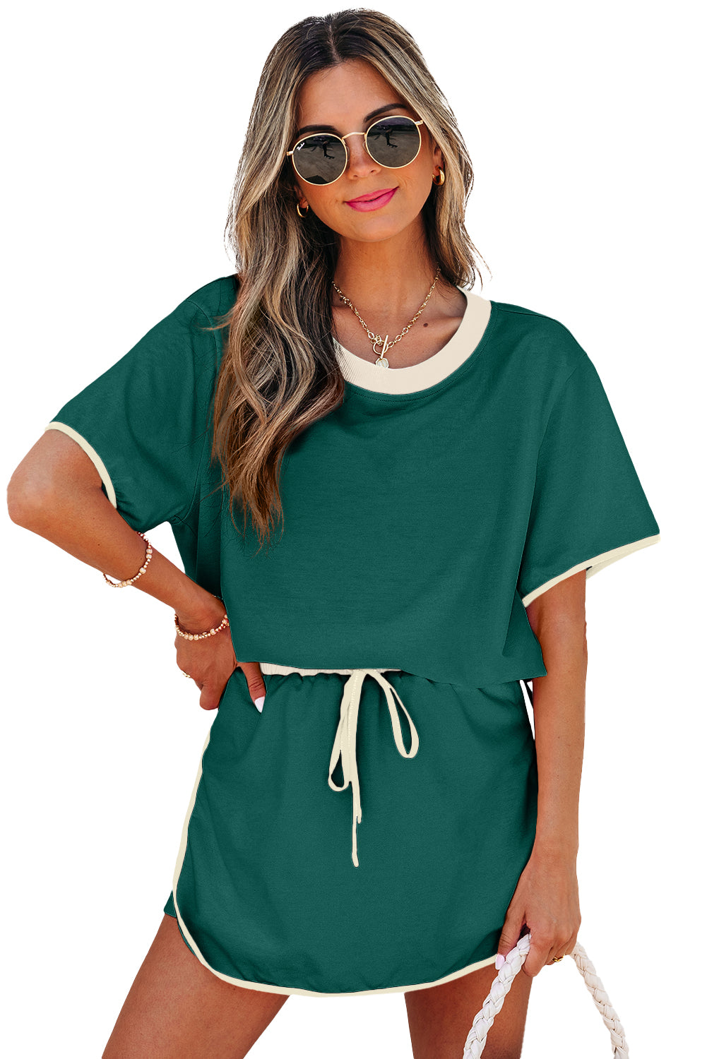 Evergreen Colorblock Edge Drop Shoulder T Shirt and Skort 2Pcs Set
