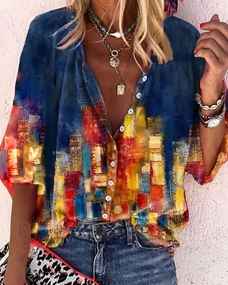Popular Fashion Summer Women's Stand Up Collar Loose Button Retro Printed Casual Shirt