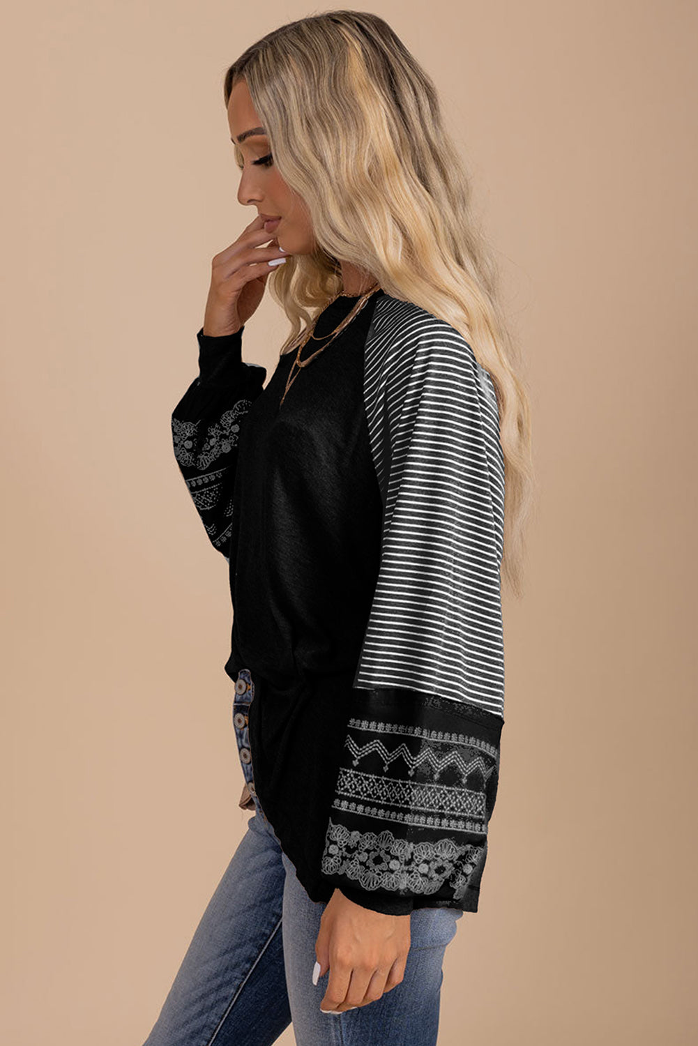 Tillandsia Purple Contrast Print Striped Raglan Long Sleeve Loose Top