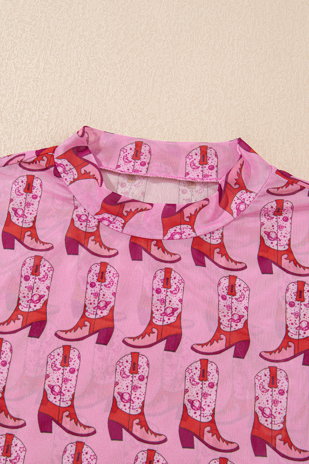 Pink Cowgirl Boots Printed Mock Neck Long Sleeve Mesh Top