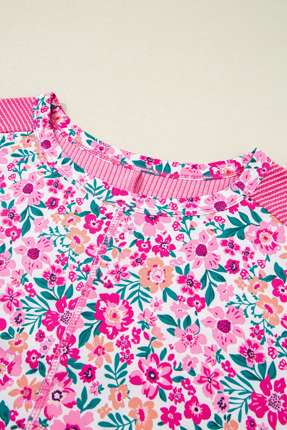 Pink Plus Size Floral Print Corded Patchwork Loose Top