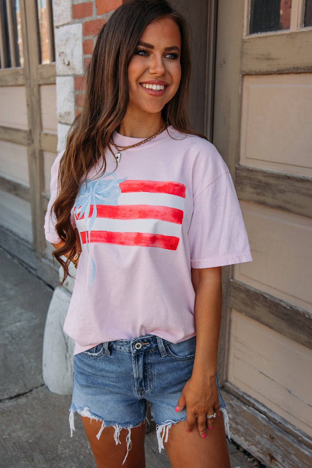 Light Pink Flag Bow Graphic Crewneck Tee