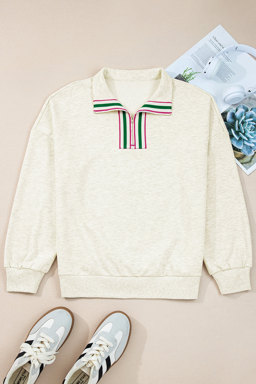 Sachet Pink Pop of Color Collared Patchwork Pullover Sweatshirt