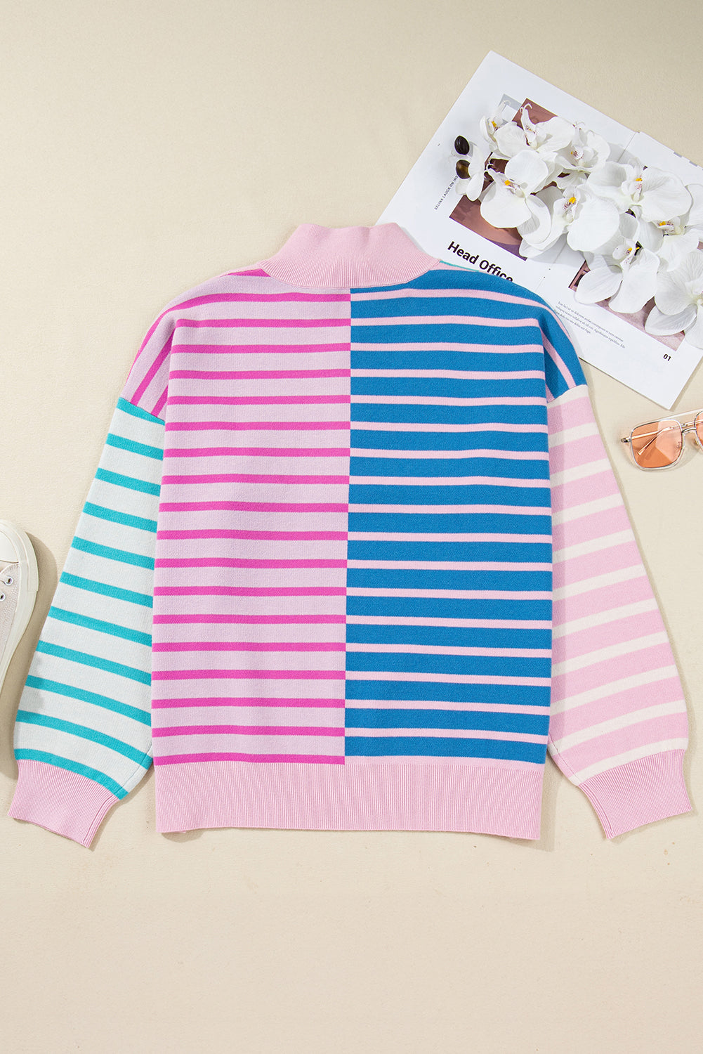 Sky Blue Stripe Colorblock Patchwork Plus Size Zip Collar Sweater