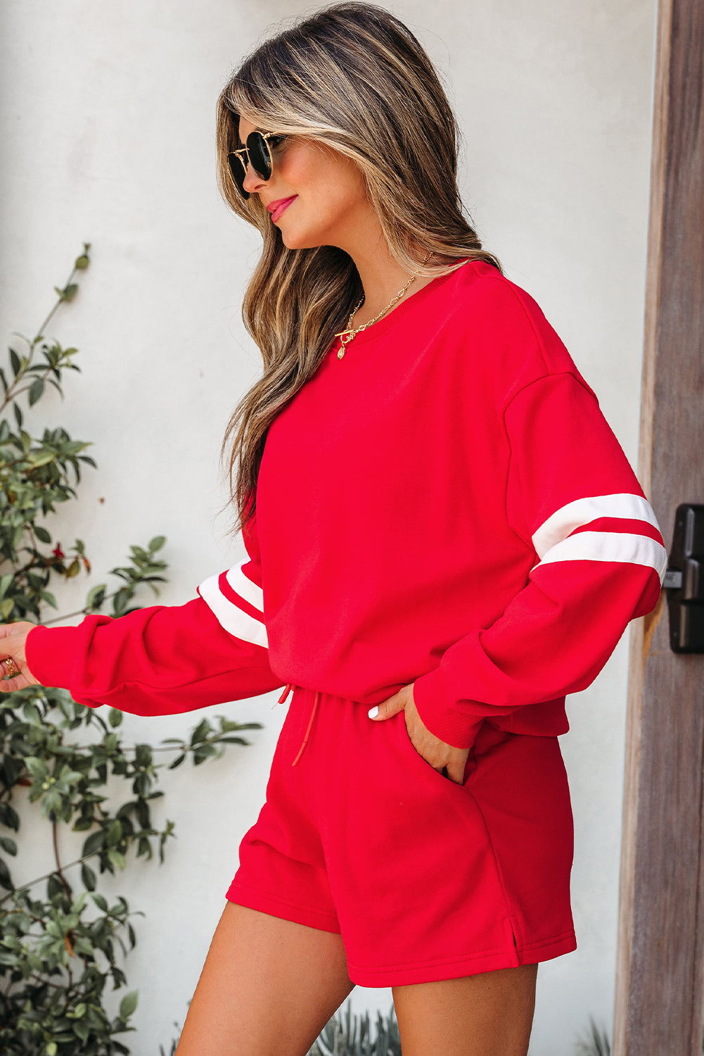 Navy Blue Varsity Striped Sleeve Drop Shoulder Sweatshirt and Short Set